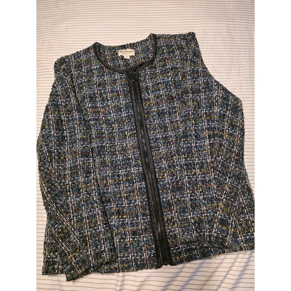 1070 Norm Thompson Women 1X Blue Multicolor Tweed Zip Up Jacket Faux LeatherTrim